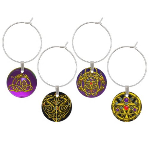GOLD CELTIC HEARTS WITH COLORFUL GEMSTONES Purple Wine Glass Charm