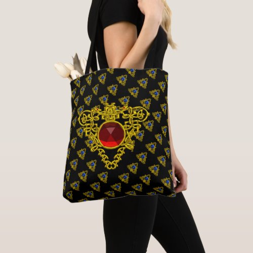 GOLD CELTIC KNOT HEART JEWEL BLUE RED GEMS Black Tote Bag