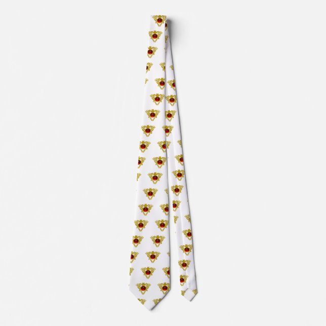 GOLD CELTIC KNOT HEART JEWEL RED GEMSTONE White Neck Tie (Front)