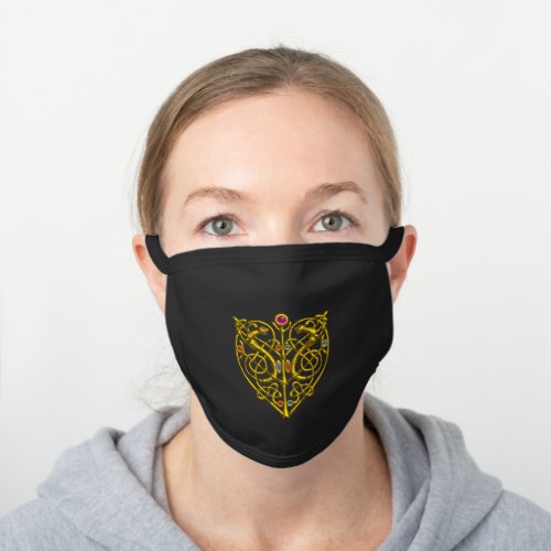 Gold Celtic Knot Heart with  Lizards and Gems Black Cotton Face Mask