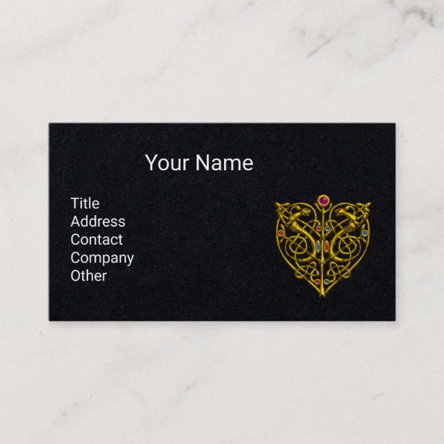 GOLD CELTIC KNOT HYPER VALENTINE HEART Black Business Card (Front)