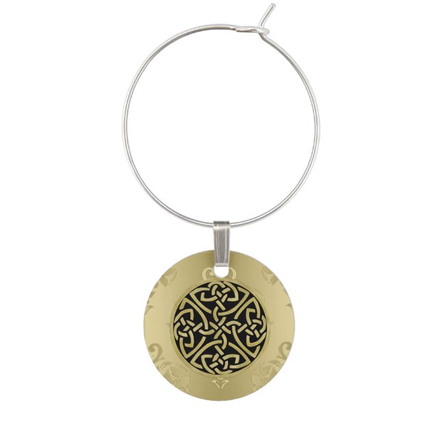 Gold Celtic Knot On Antique Gold Damask Wine Charm (Front)