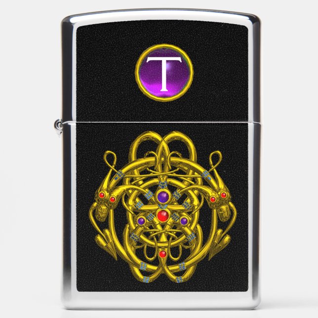 GOLD CELTIC KNOTS TWIN DRAGONS Gem Monogram Black Zippo Lighter (Front)