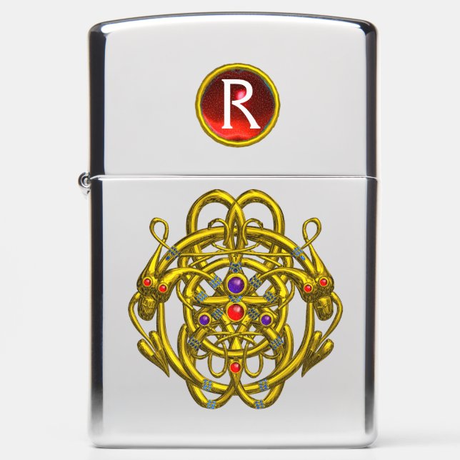 GOLD CELTIC KNOTS TWIN DRAGONS Red Gem Monogram  Zippo Lighter (Front)