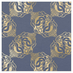 Gold Celtic Knots with Dragons on Blue Fabric