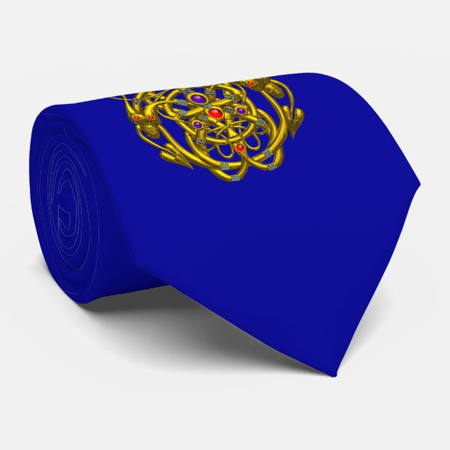 GOLD CELTIC KNOTS WITH TWIN DRAGONS Blue Neck Tie (Rolled)