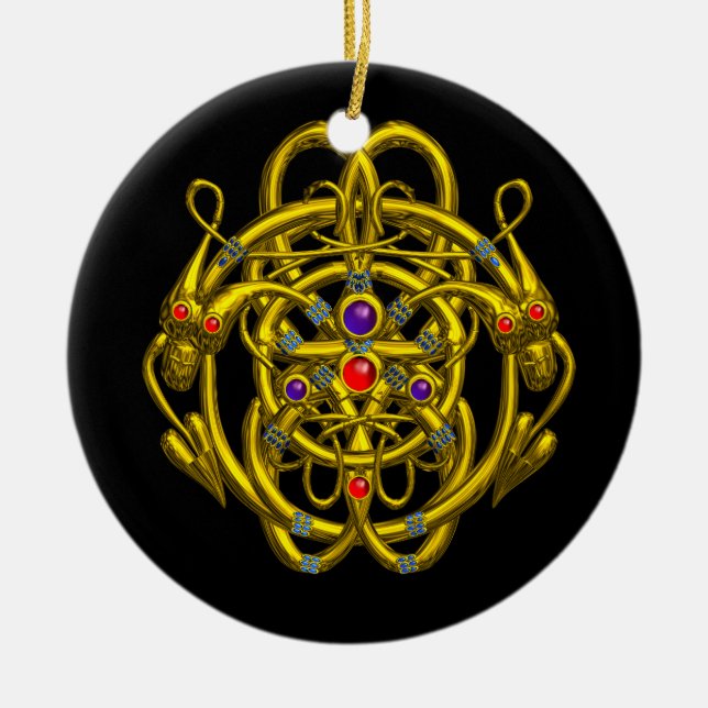 GOLD CELTIC KNOTS WITH TWIN DRAGONS CERAMIC ORNAMENT (Front)