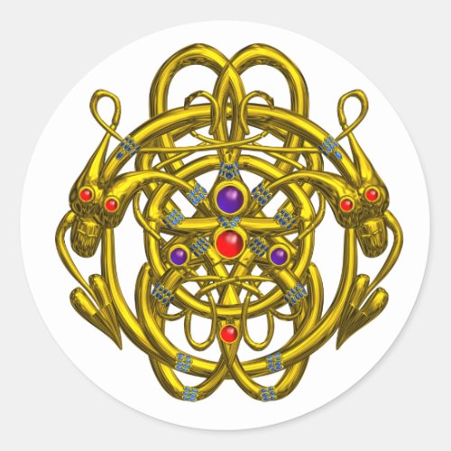 GOLD CELTIC KNOTS WITH TWIN DRAGONS CLASSIC ROUND STICKER