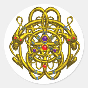 GOLD CELTIC KNOTS WITH TWIN DRAGONS CLASSIC ROUND STICKER