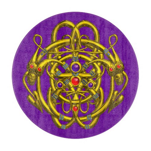 GOLD CELTIC KNOTS WITH TWIN DRAGONS IN PURPLE CUTT CUTTING BOARD