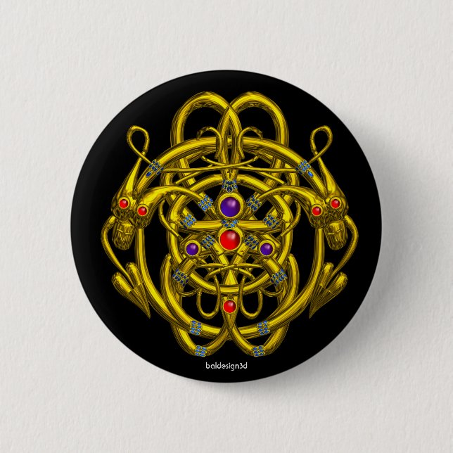 GOLD CELTIC KNOTS WITH TWIN DRAGONS PINBACK BUTTON (Front)