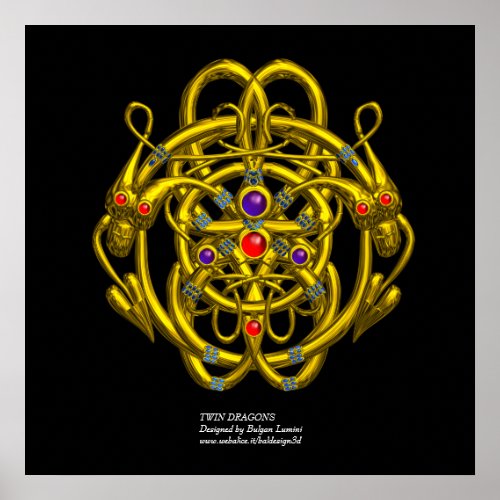 GOLD CELTIC KNOTS WITH TWIN DRAGONS POSTER