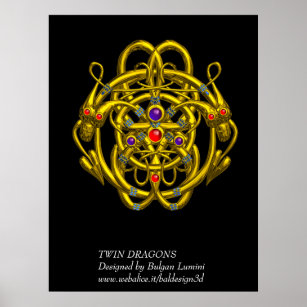 GOLD CELTIC KNOTS WITH TWIN DRAGONS POSTER
