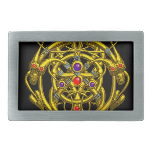 GOLD CELTIC KNOTS WITH TWIN DRAGONS RECTANGULAR BELT BUCKLE