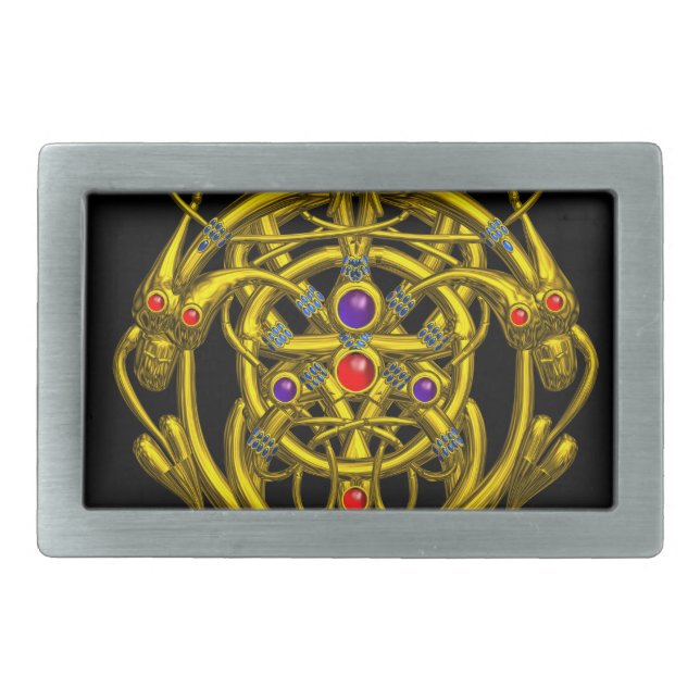 GOLD CELTIC KNOTS WITH TWIN DRAGONS RECTANGULAR BELT BUCKLE (Front)