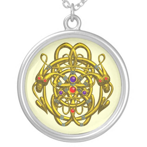 GOLD CELTIC KNOTS WITH TWIN DRAGONS SILVER PLATED NECKLACE
