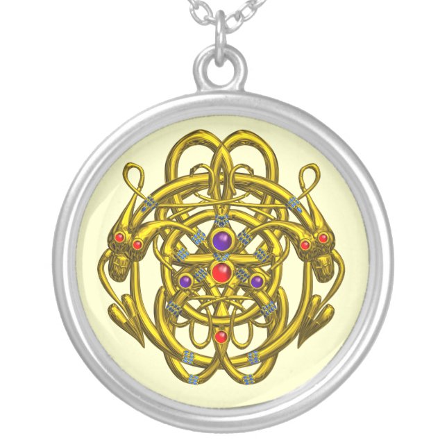 GOLD CELTIC KNOTS WITH TWIN DRAGONS SILVER PLATED NECKLACE (Front)