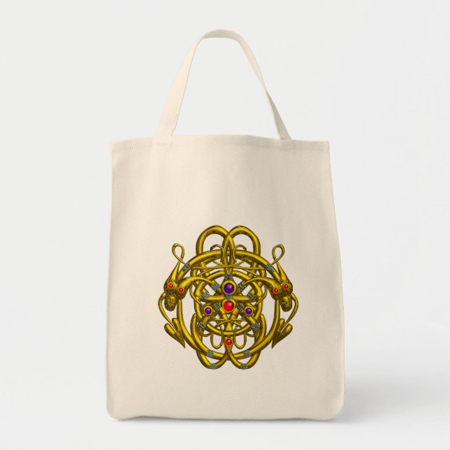 GOLD CELTIC KNOTS WITH TWIN DRAGONS TOTE BAG (Front)