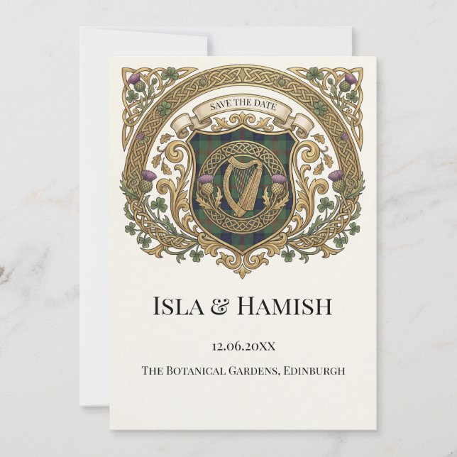 Gold Celtic Monogram Save the Date Card (Front)