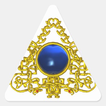 Gold Celtic Triangle With Blue Sapphire Triangle Sticker by bulgan_lumini at Zazzle