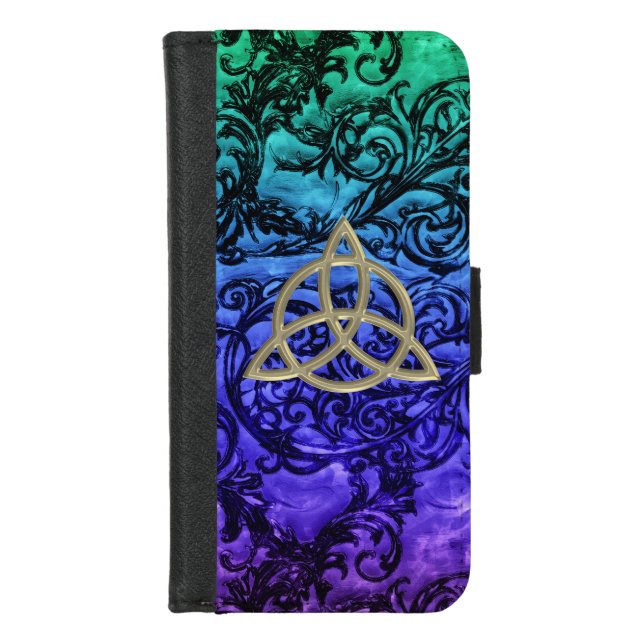 Gold Celtic Trinity Knot Damask Wallet Phone Case (Front)