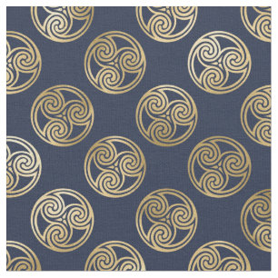 Gold Celtic Triskele Spirals in Circles on Blue Fabric