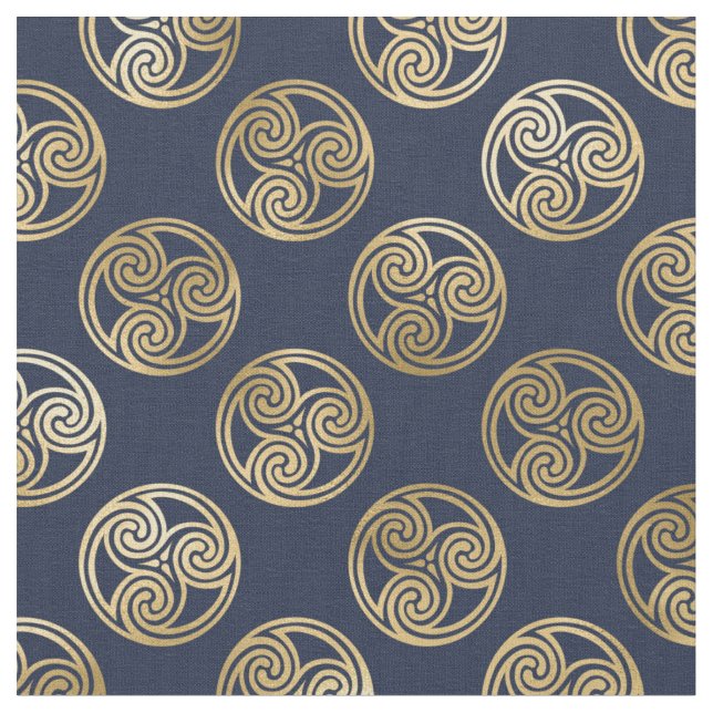 Gold Celtic Triskele Spirals in Circles on Blue Fabric (Close Up)