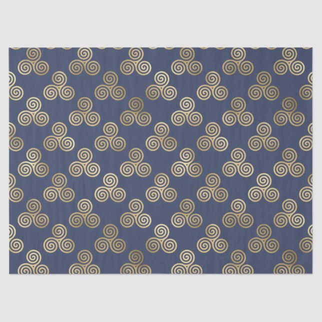 Gold Celtic Triskele Spirals on Navy Blue Tissue Paper (Front)