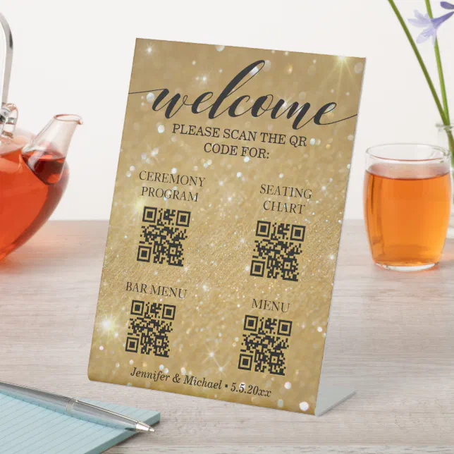 gold ceremony&seating chart&bar menu qr code pedestal sign | Zazzle