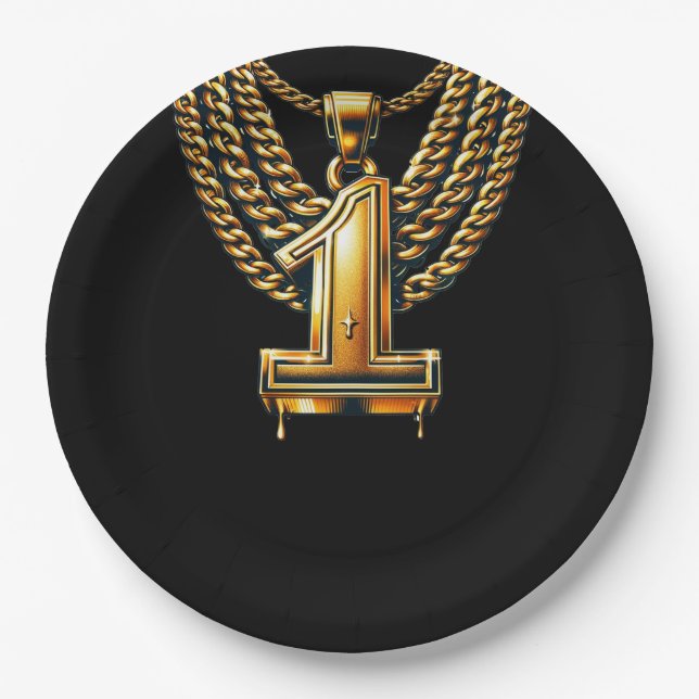 Gold Chain 1 Drip #1 1st Birthday Party Paper Plates (Front)