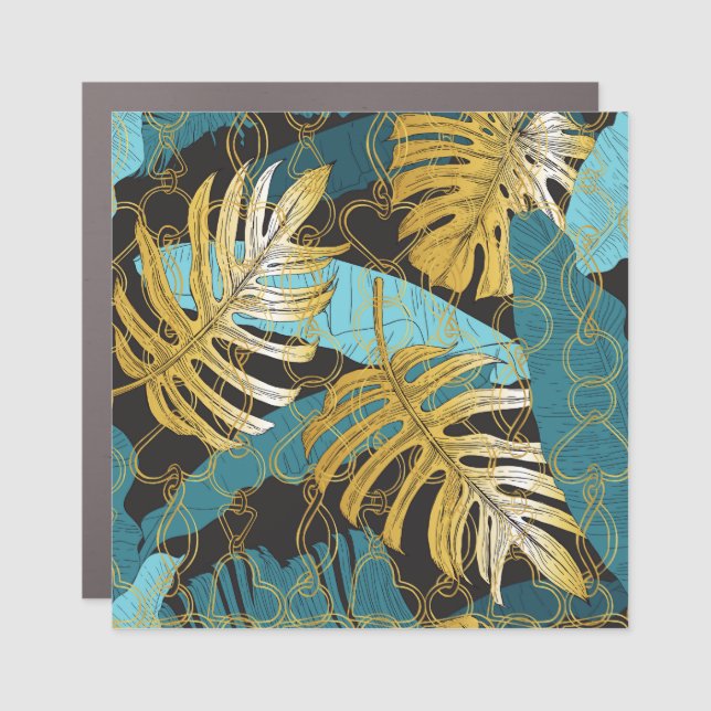Gold chain curtain, tropical leaves. car magnet (Front)