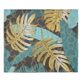 Gold chain curtain, tropical leaves. duvet cover