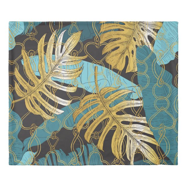 Gold chain curtain, tropical leaves. duvet cover (Front)