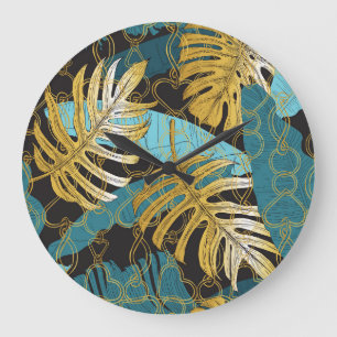 Gold chain curtain, tropical leaves. large clock