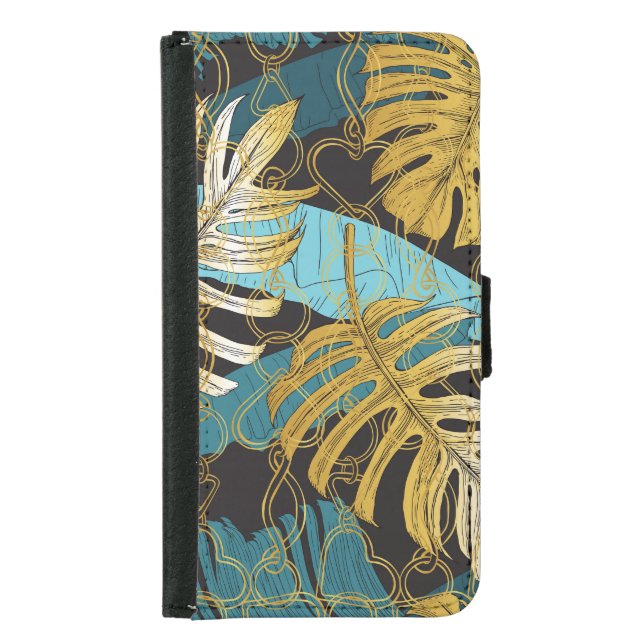 Gold chain curtain, tropical leaves. samsung galaxy wallet case (Front)