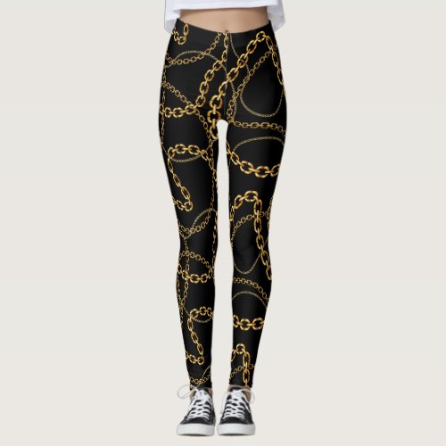 Gold chain pattern black leggings