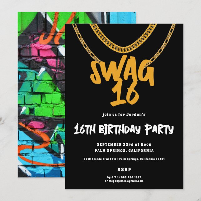 Gold Chain | Swag 16 Birthday Party Invitation (Front/Back)