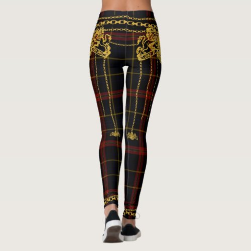 Gold Chain Trim Red Black Tartan Plaid Leggings