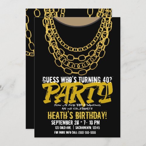 Gold Chains Black Hip Hop Dance Birthday Party Invitation