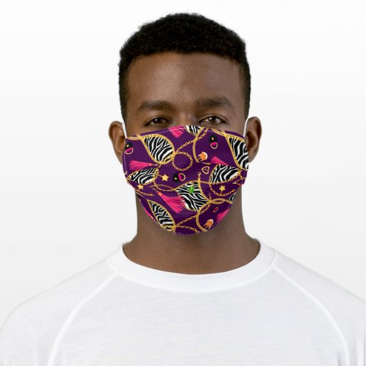 Gold Chains Zebra Print Pink Tassels Pattern Adult Cloth Face Mask (Worn)