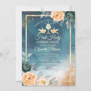 Gold Chalice Green Roses First Holy Communion Invitation
