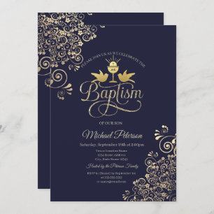 Gold Chalice Lace Navy Blue Invitation