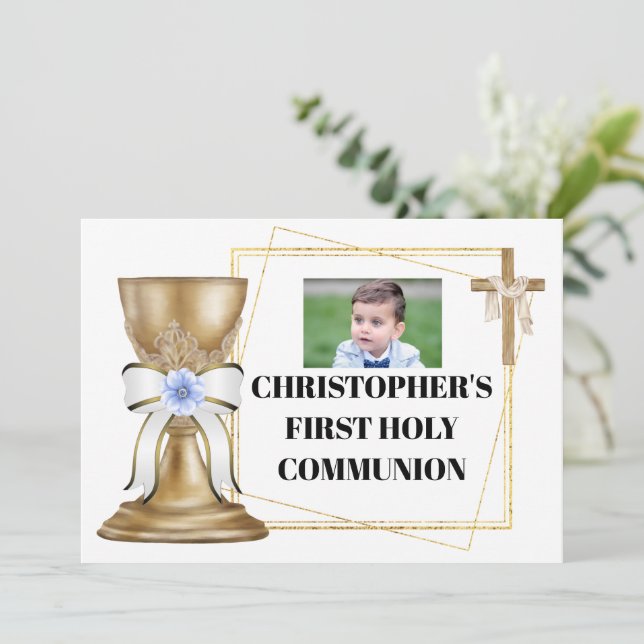 Gold chalice wooden cross satin bow blue floral invitation (Standing Front)