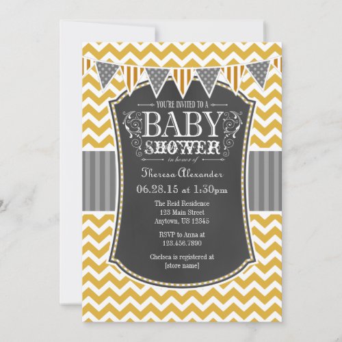 Gold Chalkboard Chevron Baby Shower Invite