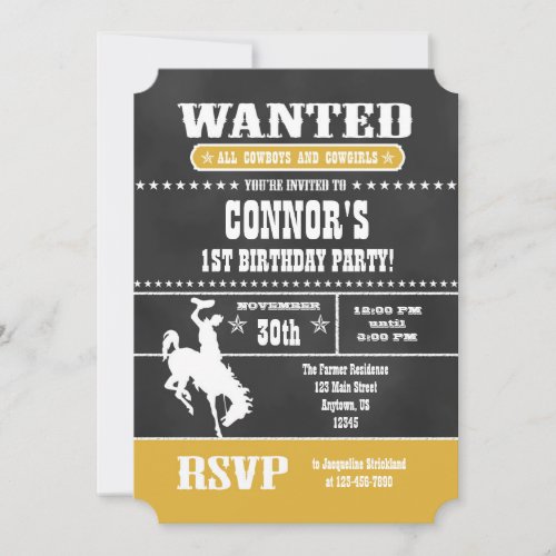 Gold Chalkboard Cowboy Birthday Invitation