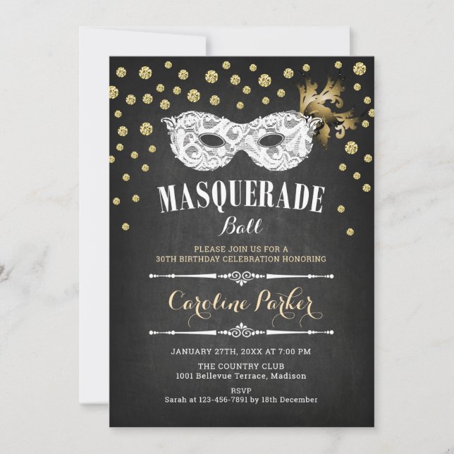 Gold Chalkboard Masquerade Ball Birthday Party Invitation (Front)