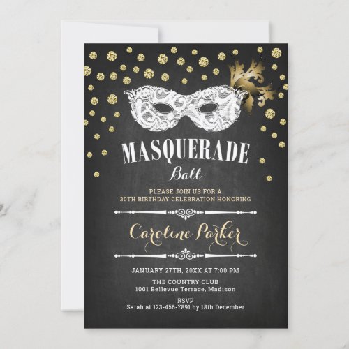 Gold Chalkboard Masquerade Ball Birthday Party Invitation