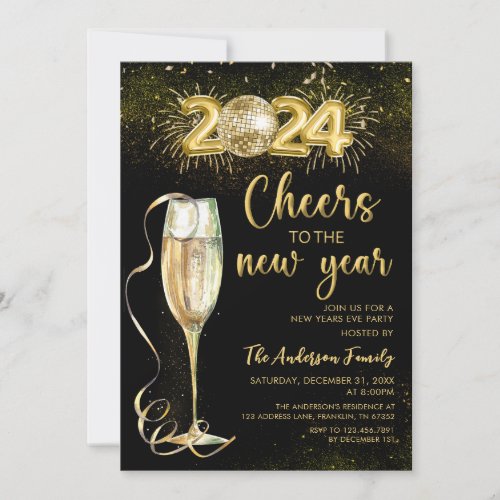 Gold Champage Cheers New Year Eve Party 2024 Invitation