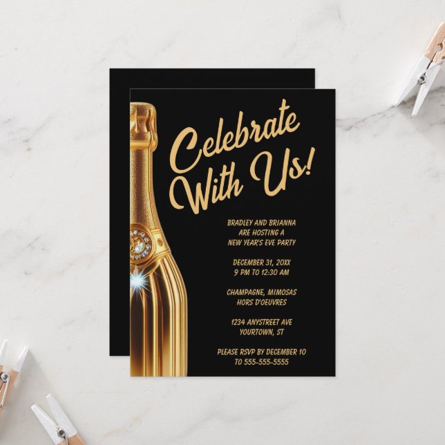 Gold Champagne Bottle on Black New Year's Eve  Invitation (Front/Back In Situ)