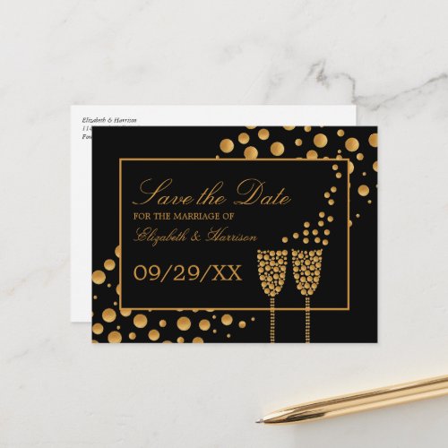 Gold Champagne Bubbles Black  Gold Save the Date Announcement Postcard